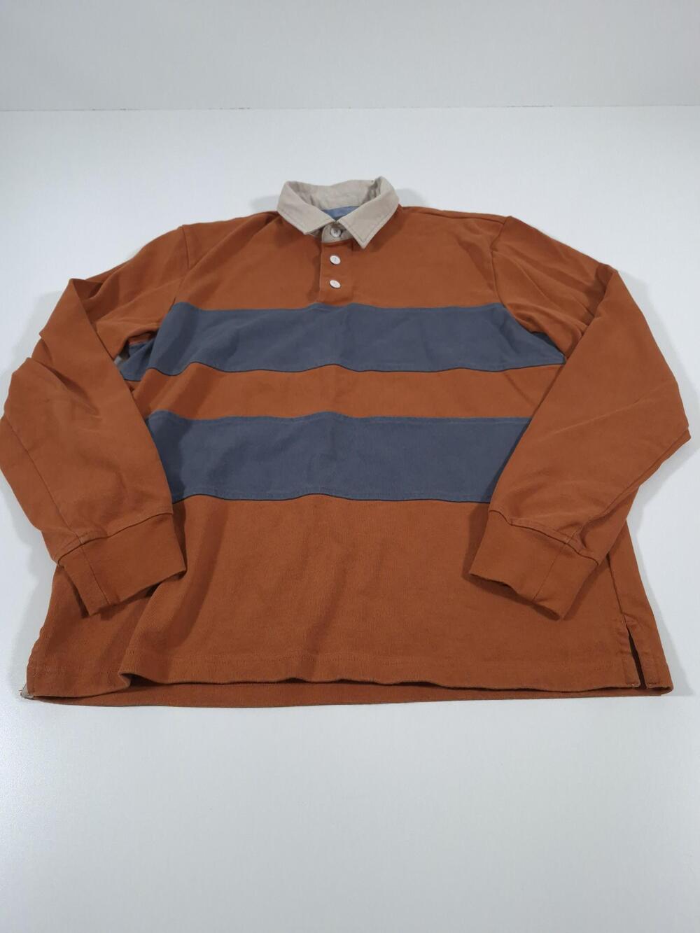 L.L. Bean Bean Signature Rugby Polo Shirt Mens M Orange Striped Long Sleeve